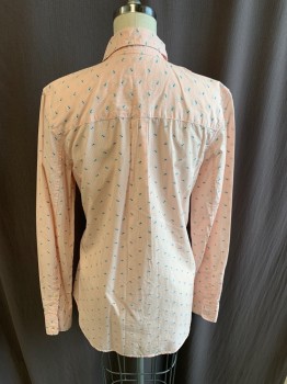 Womens, Blouse, GAP, Peach Orange, White, Cotton, Polyester, Stripes - Vertical , Squares, XS, C.A., Button Front, L/S, Small Blue & Green Square All Over Pattern