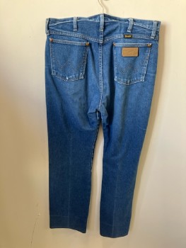 WRANGLER, Denim Blue, Cotton, Solid, Twill, 5 Pckt, Zip Fly, Straight Leg, No Front Pckts, Large Hem