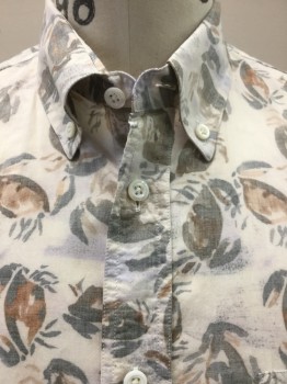 Mens, Casual Shirt, BILLY REID, Off White, Brown, Lavender Purple, Cotton, Animal Print, Heathered, M, Btn-Down C.A., B.F., 1 Pckt, S/S