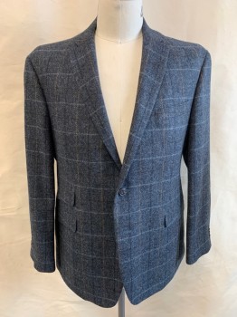 Mens, Sportcoat/Blazer, JOS A BANK, Navy Blue, Lt Blue, Burnt Orange, Wool, Check , 44R, Single Breasted, 2 Buttons, 4 Pockets, Notched Lapel, Suede Elbow Patches, Double Vent