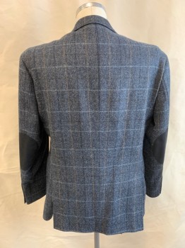 Mens, Sportcoat/Blazer, JOS A BANK, Navy Blue, Lt Blue, Burnt Orange, Wool, Check , 44R, Single Breasted, 2 Buttons, 4 Pockets, Notched Lapel, Suede Elbow Patches, Double Vent