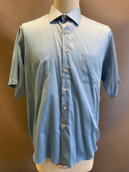 GEOFFREY BEENE, Lt Blue, Polyester, Cotton, Solid, S/S, Button Front, Collar Attached, Chest Pocket