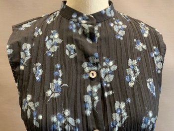 VINCE, Black, Blue, Gray, Synthetic, Floral, Slvls, Button Front, Band Collar,  Pleated