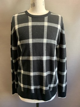 Mens, Pullover Sweater, NL, Black, White, Wool, Acrylic, Check , 44, XXL, L/S, Crew Neck, *Label Removed