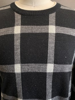 Mens, Pullover Sweater, NL, Black, White, Wool, Acrylic, Check , 44, XXL, L/S, Crew Neck, *Label Removed