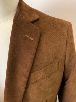Mens, Sportcoat/Blazer, N/L, Brown, Cotton, Solid, 42R, Single Breasted, 2 Buttons,  Corduroy, Dk Brown Moleskin Elbow Patches, 2 Center Back Vents, Strange Oval Discoloration at CB Neck