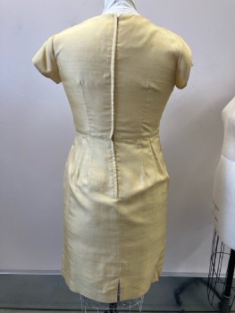 RENMOR, Dull Yellow Slubbed Silk, V-N, Cap Sleeves, Princess Seams, Faux Wrap Skirt with Bow, Applique Right Shoulder And Skirt Flap, Back Zip,