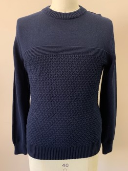 Mens, Pullover Sweater, J CREW, Navy Blue, Cotton, Solid, M, L/S, Crew Neck,