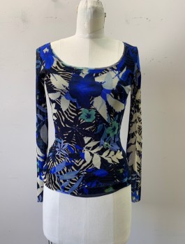 Womens, Top, FUZZI, Black, Periwinkle Blue, Cornflower Blue, Beige, Polyamide, Floral, Abstract , S, 2 Layered Netting, Long Sleeved, Form Fitting, Scoop Neck ,