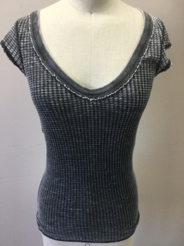 Womens, Top, FREE PEOPLE, Heather Gray, Cotton, Polyester, Heathered, Basket Weave, XS, Heather Dark Gray Basket,scoop Neck, Small Cap Sleeves