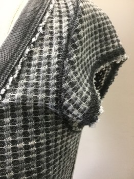 FREE PEOPLE, Heather Gray, Cotton, Polyester, Heathered, Basket Weave, Heather Dark Gray Basket,scoop Neck, Small Cap Sleeves