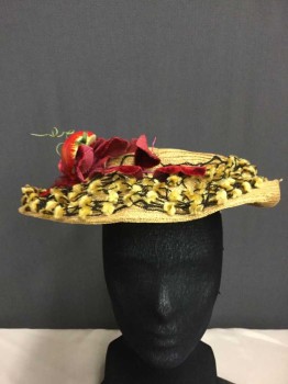 NL, Tan Brown, Red, Ochre Brown-Yellow, Straw, Metallic/Metal, Solid, Shaped Straw, Black Large Netting with Gold Chenille Dots, Red Foam Fruits and Velvet Leaves, Very Good Shape,