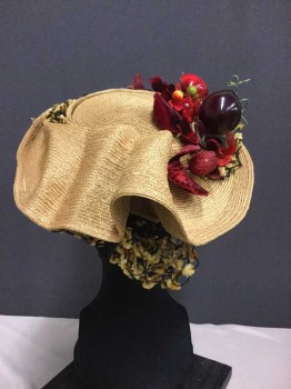 NL, Tan Brown, Red, Ochre Brown-Yellow, Straw, Metallic/Metal, Solid, Shaped Straw, Black Large Netting with Gold Chenille Dots, Red Foam Fruits and Velvet Leaves, Very Good Shape,