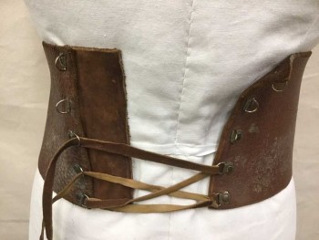 Unisex, Sci-Fi/Fantasy Belt, N/L, Brown, Bronze Metallic, Leather, Metallic/Metal, 6" Wide Brown Leather Waistband, Metal Loop Closures In Back with Leather Thong Laces, Overall Aged/Worn Appearance