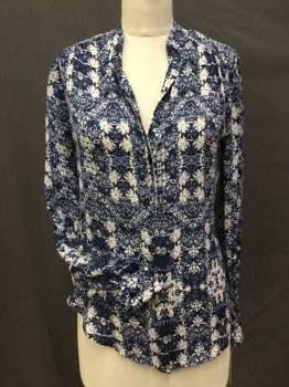 L'AGENCE, Navy Blue, Periwinkle Blue, Teal Blue, Off White, Silk, Abstract , BLOUSE:  Navy, Periwinkle, Teal Blue, Off White Abstract Print, Quilted High Back V-neck, Hidden Button Front, Long Sleeves,