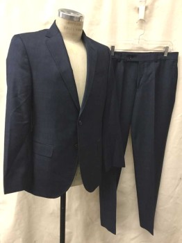 TED BAKER, Navy Blue, Brown, Wool, Plaid-  Windowpane, Dusty Dark Navy with Faint Brown Grid/Windowpane Lines, Single Breasted, Notched Lapel, 2 Buttons, 3 Pockets, Slim Fit, Purple Patterned Lining