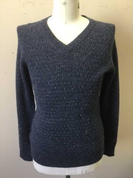 Mens, Pullover Sweater, BILLY REID, Periwinkle Blue, Alpaca, Speckled, Cable Knit, M, Novelty Knit, Ribbed Knit V-neck/Cuff/Waist
