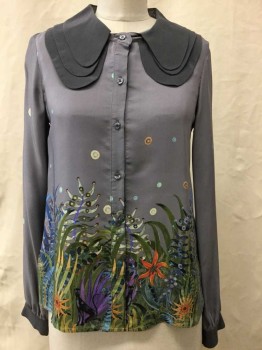 LEITH CLARK, Gray, Graphite Gray, Multi-color, Silk, Floral, L/S, Button Front, Layered Rounded Collar, Pattern Concentrated At Hem