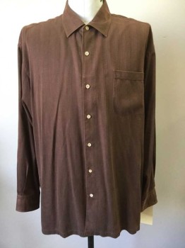 TOMMY BAHAMA, Brown, Poly/Cotton, Herringbone, Novelty Pattern, Button Front, Collar Attached, Long Sleeves, 1 Pocket