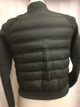 Mens, Casual Jacket, NIKE, Olive Green, Black, Poly/Cotton, Nylon, Heathered, S, Heather Olive W/puffy Nylon Quilt Side Bodice and Back, Off Side Black Zip Front, 2 Vertical Black Pockets Bottom, Raglan  Long Sleeves,
