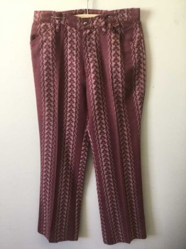 Mens, Pants, WHITE STAG, Red Burgundy, Mauve Pink, Cotton, Polyester, Geometric, Stripes, Ins:30, W:30, Twill, Flat Front, Zip Fly, 4 Pockets, Slight Bootcut Leg,