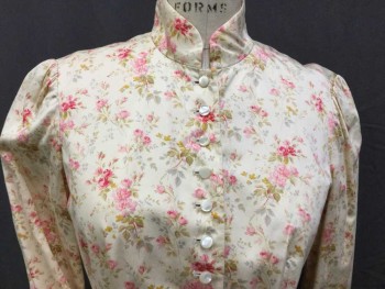 RALPH LAUREN, Lt Yellow, Pink, Red, Green, Cotton, Floral, Lt Yellow, Pink/red/green Floral Print, Collar Band, Button Front, Long Sleeves, (Missing Last Bottom Button)