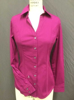 EXPRESS, Magenta Purple, Poly/Cotton, Spandex, Solid, Collar Attached V-neck,  Button Front, Long Sleeves,