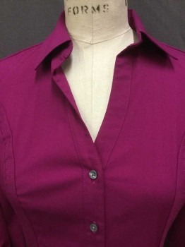EXPRESS, Magenta Purple, Poly/Cotton, Spandex, Solid, Collar Attached V-neck,  Button Front, Long Sleeves,