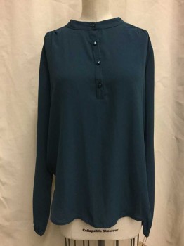 LOVE CULTURE, Teal Blue, Polyester, Collar Band, 1/2 Button Front, 4 Buttons, Long Sleeves