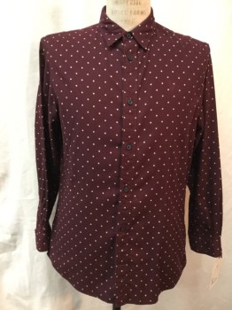 Mens, Casual Shirt, ALL SAINTS, Red Burgundy, Beige, Cotton, Polka Dots, M, Burgundy, Beige Polka Dots, Button Front, Collar Attached, Long Sleeves