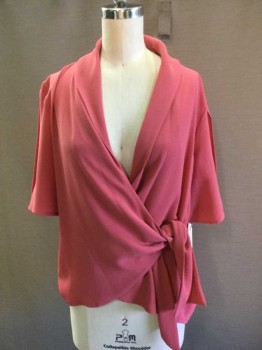 LEITH, Dusty Rose Pink, Polyester, Spandex, Solid, Shawl Collar, Cold Shoulder Short Sleeve, Wrap Front, See Photo Attached,