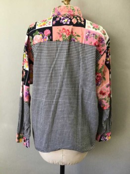 Sorrel, Black, White, Pink, Purple, Green, Cotton, Long Sleeves, Button Front, Collar Attached, Gingham/Floral/Colorblock Patchwork
