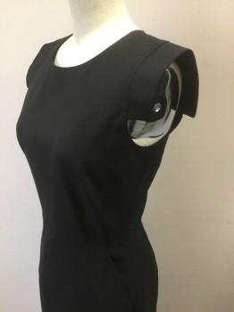 J.CREW, Black, Wool, Spandex, Solid, Sleeveless with Small Caps at Shoulders, Scoop Neck, Sheath Dress, Hip Pockets, Knee Length