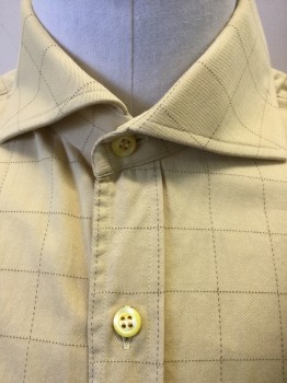 Mens, Historical Fiction Shirt, ANTO, Sunflower Yellow, Brown, Cotton, Grid , S:36-7, N:16, Yellow with Brown Dotted Grid Stripes, Long Sleeve Button Front, Collar Attached, French Cuffs, Made To Order 1800's Reproduction