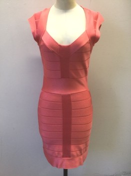 Womens, Cocktail Dress, FRENCH CONNECTION, Salmon Pink, Viscose, Solid, 6, Stretchy Knit Bodycon Dress, Cap Sleeves, Angled Square Neck, Horizontal Bars of Ribbing with Vertical Bar at Center Front, Form Fitting, Just Above Knee Length