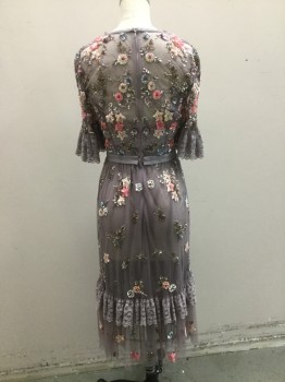 Womens, Cocktail Dress, NEEDLE & THREAD, Mauve Pink, Pink, Lt Blue, Antique Gold Metallic, Synthetic, Sequins, Floral, 2, Crew Neck, Short Sleeves, Mauve Tullle with Neon Pink, Silver, Blue and Antique Gold Sequins in Floral Design, Mauve Lace Trim at Cuffs and Hem