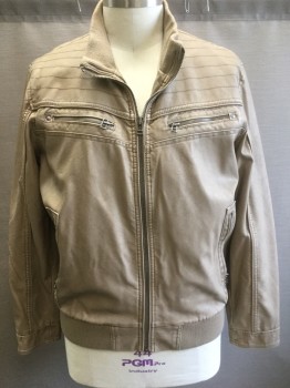 Mens, Leather Jacket, BLACK RIVET, Taupe, Faux Leather, Viscose, Solid, XXL, Zip Front, Rib Knit Trim at Stand Collar and 2" Wide Waistband, 4 Zip Pockets, Zippers at Cuffs