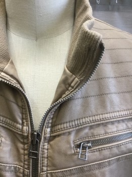 Mens, Leather Jacket, BLACK RIVET, Taupe, Faux Leather, Viscose, Solid, XXL, Zip Front, Rib Knit Trim at Stand Collar and 2" Wide Waistband, 4 Zip Pockets, Zippers at Cuffs