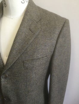 Mens, Sportcoat/Blazer, HICKEY FREEMAN, Beige, Charcoal Gray, Gray, Wool, Cashmere, Speckled, Grid , 38S, Single Breasted, Notched Lapel, 3 Buttons,  3 Pockets, Solid Light Brown Lining