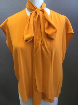 HUGO, Orange, Silk, Solid, Button Front, Cap Sleeve, Crew Neck, Detachable Silk Scarf
