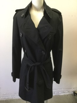 Womens, Coat, Trenchcoat, BURBERRY, Black, Polyester, Cotton, Solid, 34, Collar Attached, Double Breasted, Epaulet, Belt, Tan/blk/wht/red Plaid Lining
