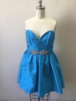Womens, Cocktail Dress, AQUA, Turquoise Blue, Polyester, Spandex, Solid, B32, S, 25, Strapless Fitted Bodice with Rhine Stone Applique Center of Waist. Skirt Gathered to Waist