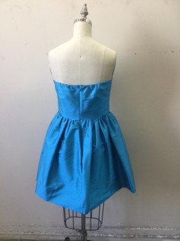 Womens, Cocktail Dress, AQUA, Turquoise Blue, Polyester, Spandex, Solid, B32, S, 25, Strapless Fitted Bodice with Rhine Stone Applique Center of Waist. Skirt Gathered to Waist