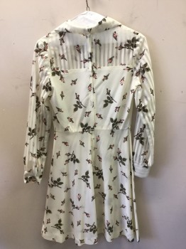 NL, Off White, Pink, Olive Green, Moss Green, Polyester, Solid, Floral, Peaked Collar, 4 Button Neck W/clear Buttons, Sweetheart Bodice W/sheer and White Stripes, Long Sleeves, Zip Back,