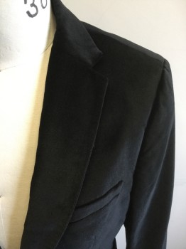 CLAIBORNE, Black, Cotton, Rayon, Solid, Velvet, Single Breasted, Collar Attached, Notched Lapel, 4 Pockets, Long Sleeves,