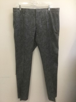 TOPMAN, Gray, Warm Gray, Polyester, Wool, Leaves/Vines , Gray with Warm Gray Leaf/Palm Fronds Pattern, Flat Front, Slim Leg, Zip Fly, 4 Pockets