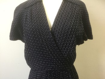 Womens, Dress, Short Sleeve, KAY UNGER, Navy Blue, Gray, Polyester, Polka Dots, 4, Navy with Small Gray Polka Dots Pattern, Chiffon, Short Sleeves, Surplice V-neckline, 1/4" Pleats at Bust, Collar Attached, Chemically Pleated Bottom Half, Midi Length