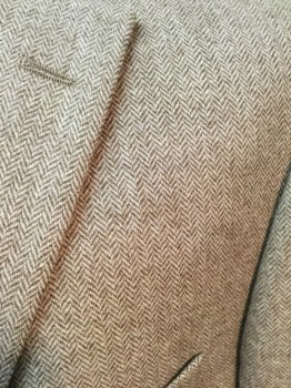 BOSS, Cream, Lt Brown, Wool, Herringbone, Single Breasted, 2 Buttons, Notched Lapel, 3 Pocket,