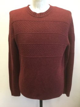 BROOKS BROTHERS, Maroon Red, Wool, Solid, Stripes - Horizontal , Self Horizontal Stripes with Diagonal Stripes Inside Textured Knit, Long Sleeves, Crew Neck