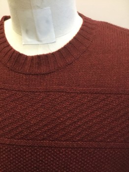Mens, Pullover Sweater, BROOKS BROTHERS, Maroon Red, Wool, Solid, Stripes - Horizontal , M, Self Horizontal Stripes with Diagonal Stripes Inside Textured Knit, Long Sleeves, Crew Neck